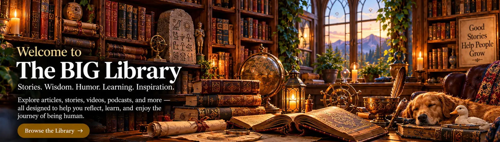 Browse the BIG Library’s featured articles. A welcoming library filled with leather-bound books, scrolls, a carved stone tablet, and a sleeping dog beside a stuffed duck.
