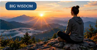 Person seated on a rocky overlook, looking across forested mountain valleys in golden morning light.