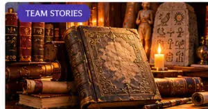 An untitled antique leather-bound book among old library volumes, beside a candle and carved stone tablet.