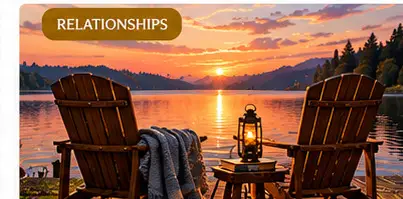 Two empty wooden chairs by a calm mountain lake at sunset, with a lantern between them.
