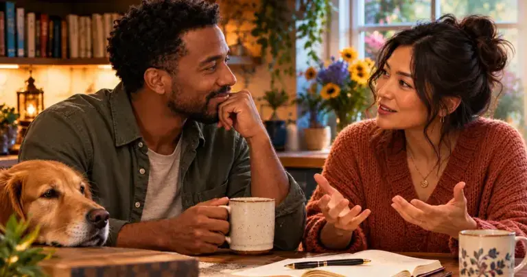 A Black man listens as an Asian woman speaks at a warm kitchen table, with mugs, an open notebook, and a golden dog nearby.