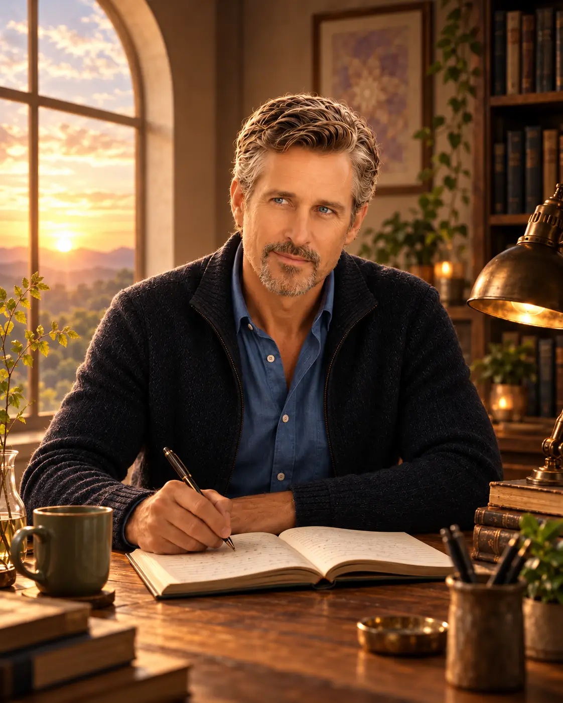 Illustration of Addison C. Arthur writing in a notebook at a warmly lit library desk.